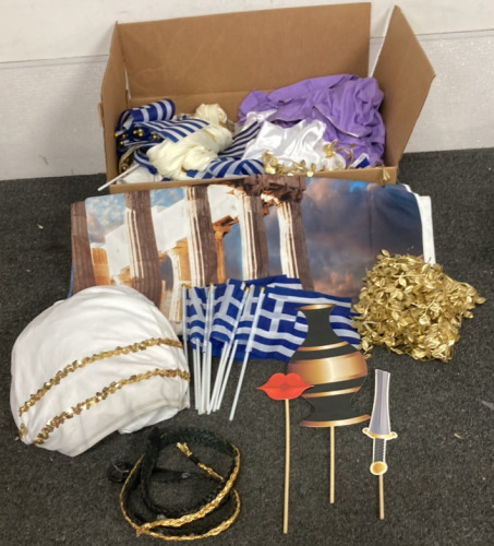 BOX INCLUDING GREEK PARTY SUPPLIES