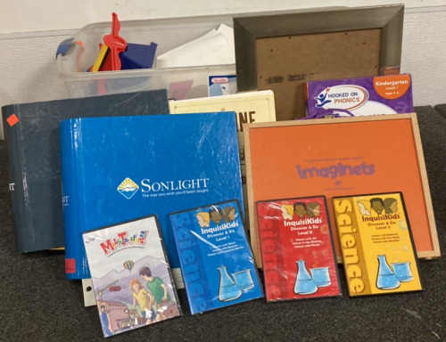 BIN OF TEACHING SUPPLIES INCLUDING INQUISIKIDS DISCOVER DVDS, TWO SONLIGHT TEACHING BINDERS, IMAGINETS MINDWARE MAGNET GAME AND MORE