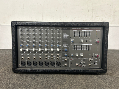 PHONIC 740 POWER PLUS 2x220 POWERED MIXER. POWER CORD NOT INCLUDED. SPECIAL NOTES TAPED ON.