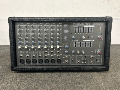 PHONIC 740 POWER PLUS 2x220 POWERED MIXER. POWER CORD NOT INCLUDED. SPECIAL NOTES TAPED ON.