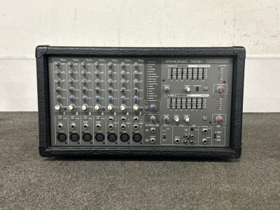 PHONIC 740 POWER PLUS 2x220 POWERED MIXER. POWER CORD NOT INCLUDED. SPECIAL NOTES TAPED ON.