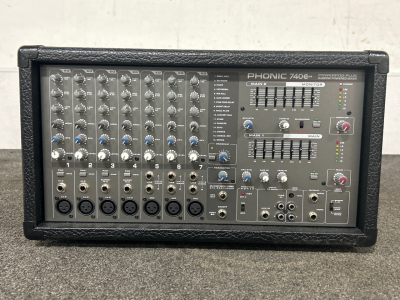 PHONIC 740 POWER PLUS 2x220 POWERED MIXER. POWER CORD NOT INCLUDED. SPECIAL NOTES TAPED ON.