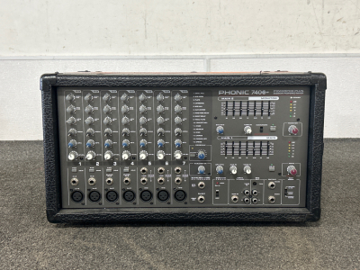 PHONIC 740 POWER PLUS 2x220 POWERED MIXER. POWER CORD NOT INCLUDED. SPECIAL NOTES TAPED ON.