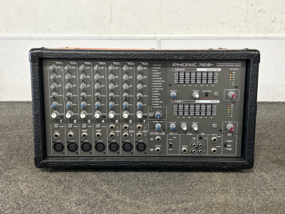 PHONIC 740 POWER PLUS 2x220 POWERED MIXER. POWER CORD NOT INCLUDED. SPECIAL NOTES TAPED ON.