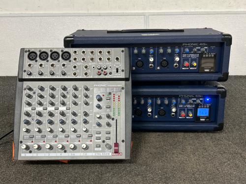 PHONIC POWERPOD 820 (PARTS OR REPAIR), (1) SEMI-FUNCTIONAL PHONIC 415 R 150 W POWER MIXER WITH USB RECORDER (POWERS ON NO OUTPUT), (1) PHONIC 415 MIXER FOR PARTS OR REPAIR ONLY