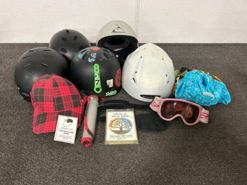 BOX WITH 5 SNOWBOARD HELMETS (YOUTH), GOGGLES, (3) HELMET COVERS, PLAID CAP WITH ATTACHABLE SHIELD AND MORE