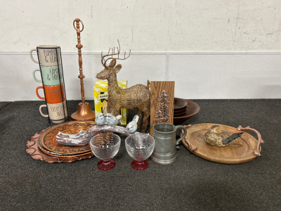 HOME DECOR INCLUDING: MUGS, BRASS TONED TRAYS, DEER AND BIRD DECOR, BOWLS AND MORE