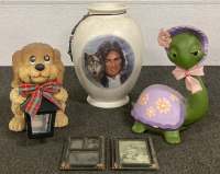 14” PAINTED VASE, PICTURE FRAMES, DOG AND TURTLE STATUES