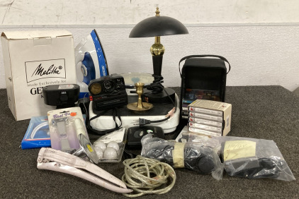 BOX WITH SCALE, GEVALIA COFFEE MAKER, ORECK IRON, LAMP AND MORE