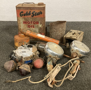 VINTAGE SPOTLIGHTS, OIL CAN, FLYDED SPRAYER AND MORE