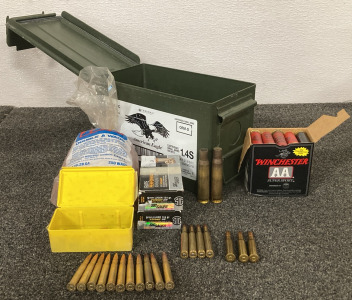 AMMO CAN WITH VARIOUS CALIBER AMMO, BRASS SHELLCASES, BULLETS AND WADS. 55 CAL, 303 BRITISH, 270 WIN, 7.62 WIN, 12 GA AND MORE