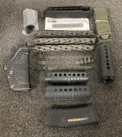 (16) RNDS 5.56 AMMO IN PMAG 30 RND. AR MAGAZINE, HAND GUARDS, RAILS, AMMO BELTS WITH STARTER TABS, PISTOL HOLSTER AND MILITARY BELT