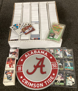 BIG BOX OF BASEBALL CARDS, HOCKEY CARDS, FOOTBALL CARDS, WALL ART AND PIN