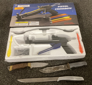 NEW PISTOL CROSSBOW AND (3) KNIVES