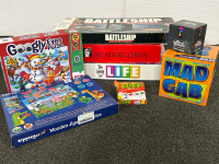 GAMES AND PUZZLES: BATTLESHIP FROM 1990, THE GAME OF LIFE, SCATTERGORIES, MAD LIB, WORD TEASERS, BLINK, GOOGLY EYES PUZZLE AND WOODEN JIGSAW PUZZLE