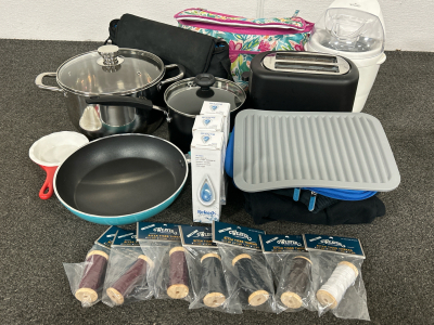 STAINLESS STEEL STOCKPOT, FARBERWARE TALL SAUCE PAN, PIONEER WOMAN SKILLET, SMALL STONEWARE DISH, RIVAL SMALL ICE CREAM MAKER (WORKS), AMAZON BASICS TOASTER (WORKS-FITS BAGELS), 3 NEW REFRESH WATER FILTERS (FITS LG: LT700P, ADQ36006101 & KENMORE: 46-9690)