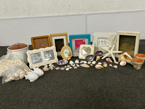 GORGEOUS VARIETY OF SEASHELLS, STARFISH, SAND DOLLAR WITH SAND, FISH SALT & PEPPER SHAKERS, TINY PLANTERS WITH STRAWBERRY ON EACH AND CERAMIC JAR WITH BRASS TONE LID