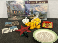 1974 ZODIAC CALENDAR PLATE, THOMAS KINKADE CALENDARS, WORKING TREE TOPPER STAR, SMALL SOUP BOWL WITH SPOONS, FAUX LEMONS, SMALL METAL DECORATIVE TRAY AND 2 SMALL WOODEN FLAGS