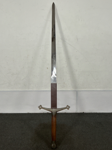 2-HANDED MEDIEVAL STYLE SWORD WOOD HANDLE AND METAL HILT, BLADE WRAPPED IN 8.5” LEATHER FROM HILT-EXPOSED BLADE 33” LONG