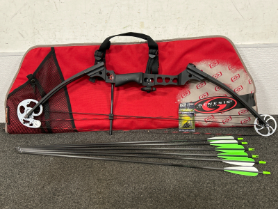 GENESIS COMPOUND BOW WITH CASE, 6 ARROWS ARMED WITH COMBO POINT 9/32, 85 GRAIN STEEL TIPS PLUS EXTRA TIPS