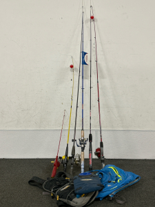 6 FISHING POLES (2 ARE KIDS POLES/UGLY STICK-NO REEL) ANS 3 HYDRATION BACKPACKS