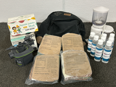 4 SEALED MRE’S, INTEX QUICK FILL BATTERY AIR PUMP, COFFEE GRINDER, HAND SANITIZER DISPOSABLE KIDS MASKS AND SMALL/MEDIUM BACKPACK