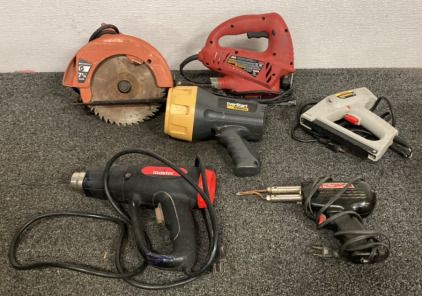 CIRCULAR 7 1/4” SKILSAW, DRILL MASTER HEAT GUN, STANLEY ELECTRIC SHARPSHOOTER, EVERSTART FLASHLIGHT, WELLER SOLDERING GUN, SKIL JIGSAW