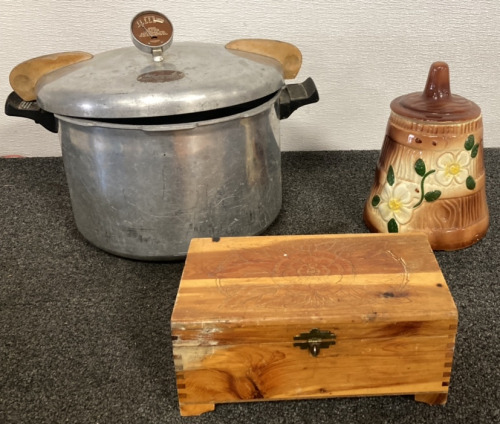 NATIONAL PRESSURE COOKER, WOODEN CARVED FLOWER TRINKET MIRRORED BOX, FLORAL CERAMIC COOKIE JAR