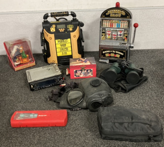 1200A BATTERY JUMP STARTER W/ AC AND USB POWER AND AIR COMPRESSOR, SMALL JUMBO SLOT MACHINE (WORKS), GORDON BINOCULARS, KENWOOD CD RECEIVER AND MORE