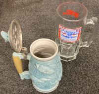 AVON FISHING STEIN, BUDWEISER BEER MUG, RED CORVETTE MODEL CAR, 1999 SHELBY SERIES 1 CAR, (2) DECORATIVE CARS, (1) CRYSTAL FRUIT PLATE AND MORE - 5