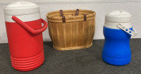 WOVEN BASKET WITH (2) IGLOO BEVERAGE COOLERS