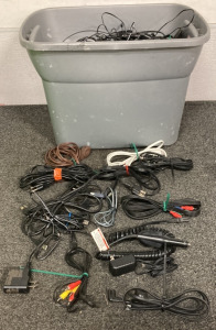 BOX OF CHARGERS, AV CORDS, EXTENSION CORDS AND MORE