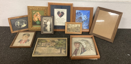 (10) PICTURE FRAMES WITH VINTAGE PHOTGRAPHS AND ARTWORK