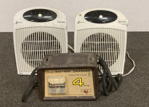 (2) HOLMES 1-TOUCH HEATERS (POWER ON), AND (1) SEARS BATTERY CHARGER 6 AND 12 VOLTS (4 AMP)