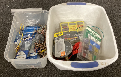 (1) LITTLEFUSE VALUE PACK OF 40 FUSES, (1) PRESSURE GAUGE, (1) BIN OF SCREWS AND NAILS, ELECTRIC WIRE AND MORE