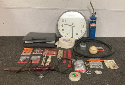 (1) BERNZOMATIC PROPANE TANK (UNKNOWN LEVELS), (1) WALL CLOCK, (1) SMALL HAND HELD WELDER (2) SIDE POST TERMINALS, AND MORE