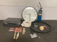 (1) BERNZOMATIC PROPANE TANK (UNKNOWN LEVELS), (1) WALL CLOCK, (1) SMALL HAND HELD WELDER (2) SIDE POST TERMINALS, AND MORE - 3