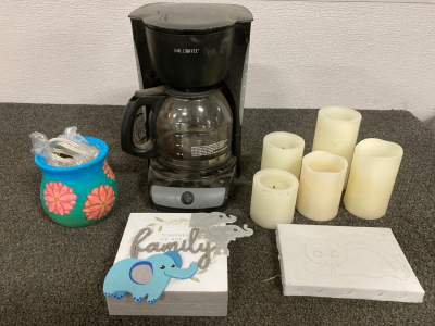 MR COFFEE COFFEE MAKER, SCENTSY PALLET (NO BOWL), (5) REPLICA CANDLE LIGHTS, “TOGETHER WE ARE A FAMILY” WALL DECOR