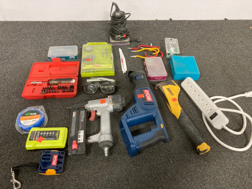 RYOBI RECIPROCATING SAW (NO BATTERY UNTESTED), PORTER CABLE NAIL GUN (UNTESTED), PORTER CABLE ELECTRIC SHEET SANDER, RYBOI DRILL AND DRIVING SET (PARTIAL), SCREW DRIVER SET,