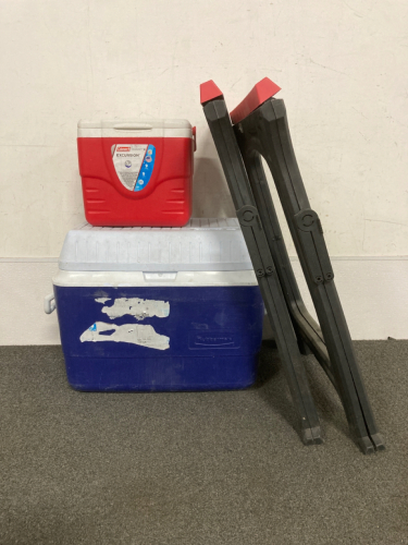 LARGE AND SMALL COOLER, (2) SAW HORSES (PLASTIC) 350 LBS CAPACITY