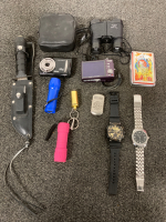 SURVIVAL KNIFE, KODAK EASYSHARE C182 (TURNS ON), CASIO WATER (NEEDS BATTERY), CERENTINO WATCH (NEEDS BATTERY), (2) TRAVEL FLASHLIGHTS