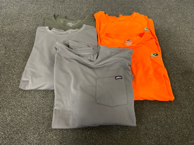 (3) NEW DICKIES LONG SLEEVE SHIRTS FOR MEN AND (2) MOSSY OAK LONG SLEEVE SHIRTS. ALL SIZE 3XL