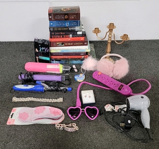 BOOKS, HAIR SUPPLIES, POWER CORD, INSOLES, EAR MUFFS, CANDLE HOLDER, EAR RINGS