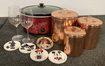 HAMILTON BEACH CROCKPOT, WINE GLASSES, COPPER CANISTERS AND MICKEY MOUSE COASTERS