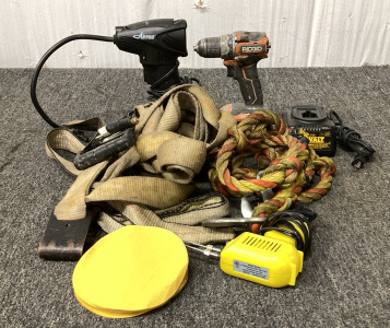 AIRPRO, RIGID CORDLESS DRILL, SOLDERING GUN, HUSKY STRAP, TOW ROPE AND MORE