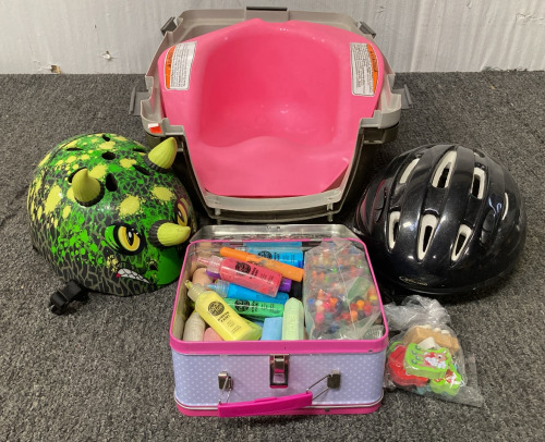 CHILDREN’S HELMETS, INFANT BATH SEAT AND PRINCESS LUNCHBOX WITH CHALK, CRAYONS AND MORE INSIDE