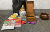 TOTE BAG WITH LAMP BASE, GLASS VASE, WOODEN BOWL, RECIPE CARD BOX AND MORE