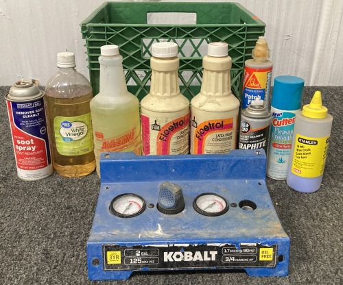 KOBALT AIR COMPRESSOR GAUGE PANEL AND CRATE OF CHEMICALS AND MORE