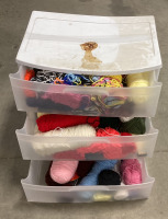 (1) PLASTIC 3 DRAWER STORAGE CONTAINER WITH YARN, (1) PLASTIC STORAGE BIN WITH CRAFT SUPPLIES - 2