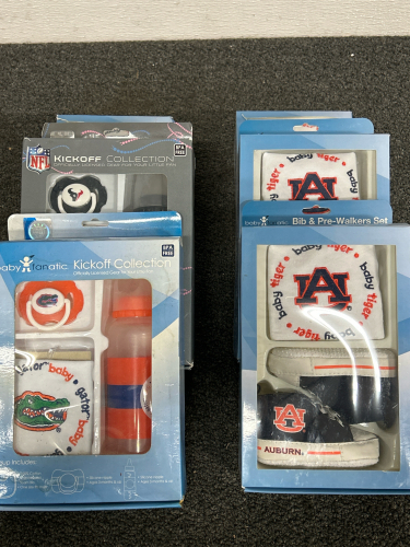 UNUSED UNIVERSITY OF AUBURN BIB & PRE-WALKERS SETS (4), FLORIDA GATORS ANS HOUSTON TEXANS KICKOFF COLLECTIONS (1 EAch)